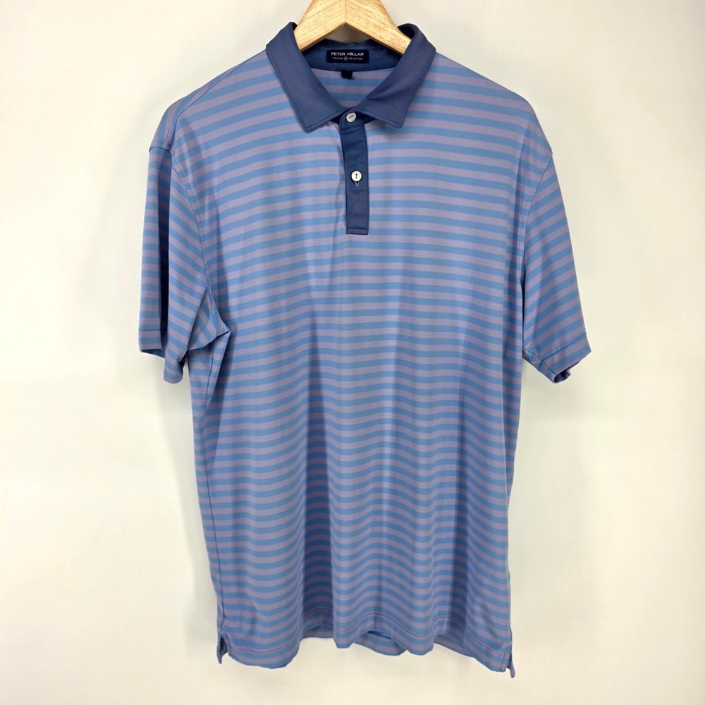Peter Millar Crown Crafted Polo Mens L Blue Purple Striped Golf Shirt SS